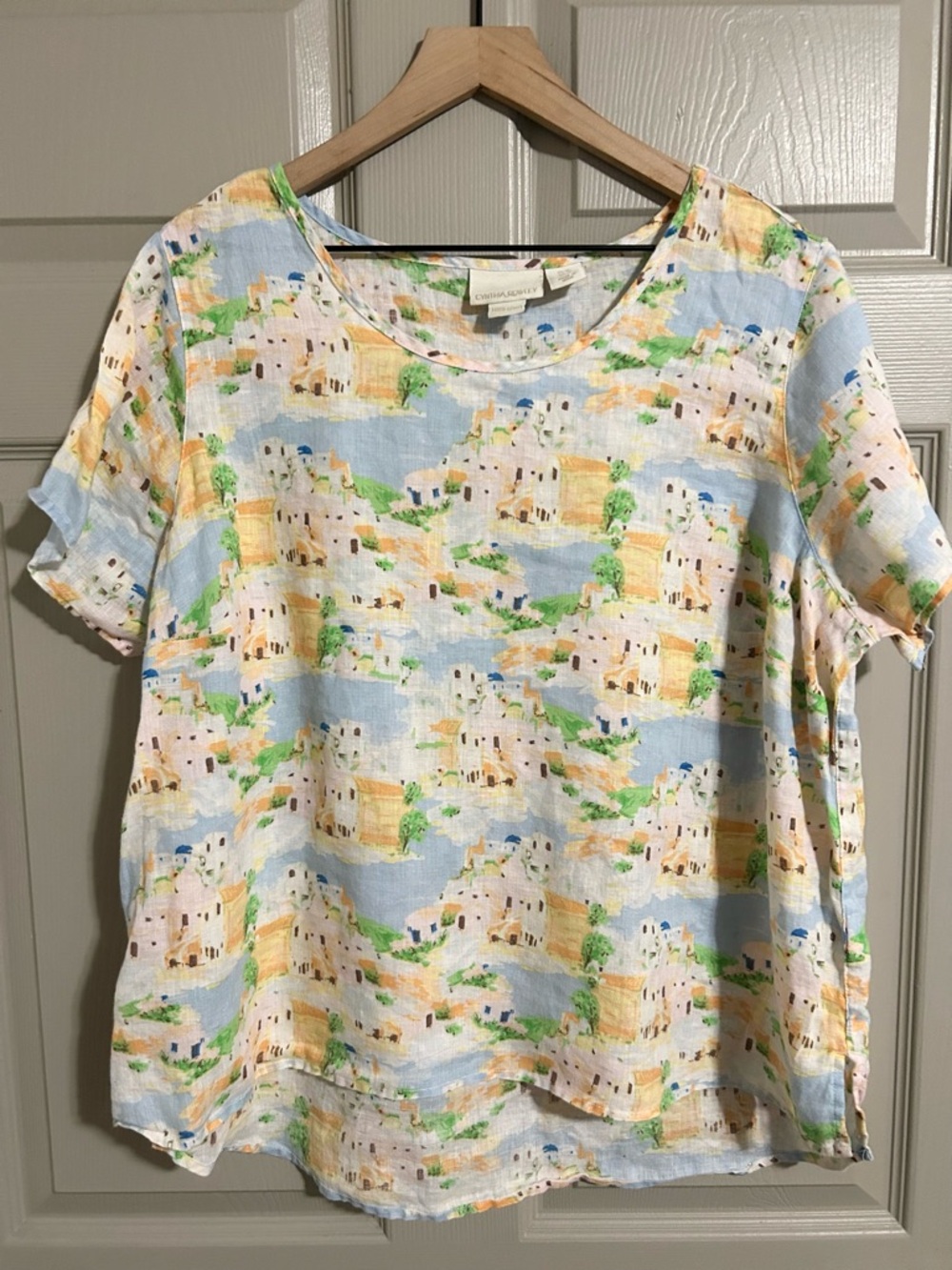 Cynthia Rowley Lightweight Linen Scenic Print Short-Sleeve Top - . Sz 1X